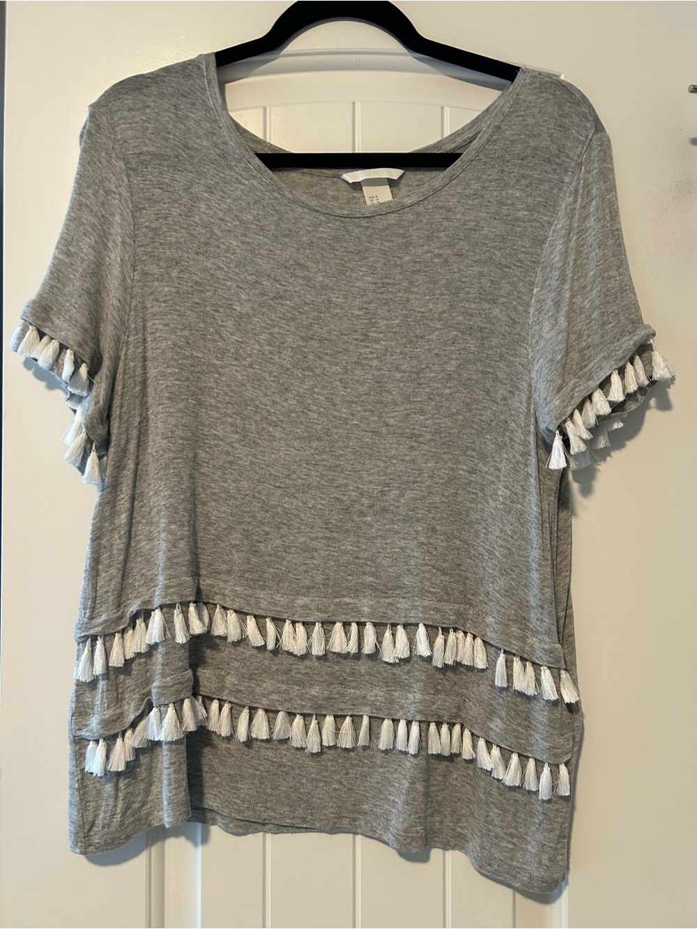 H&M Gray Short Sleeve Top with White Tassel Trim